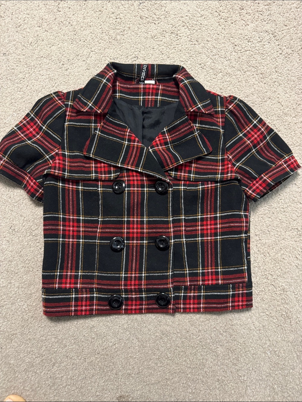 Girls Black & Red Plaid Short-Sleeve Double-Breasted Jacket